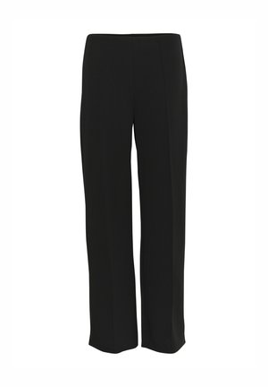 Pantalons noirs en tissu lisse, présentant une coupe droite sans fermetures ni ornements visibles. Une silhouette simple et classique.