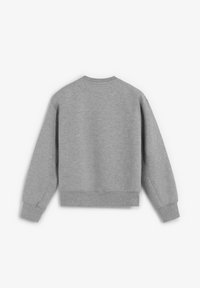 Sudadera gris con un diseño simple, cuello redondo y puños acanalados. Fabricada en material suave sin patrones ni acentos visibles.