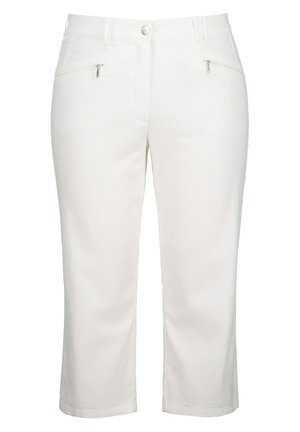 Weiße, cropped Hosen aus einem glatten Stoff mit geradem Schnitt. Verfügt über Reißverschluss-Fronttaschen und einen Knopfverschluss an der Taille.