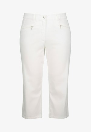 Bílé zkrácené kalhoty vyrobené z hladké tkaniny s rovnou siluetou. Obsahují kapsy na zip na přední straně a zapínání na knoflík v pase.