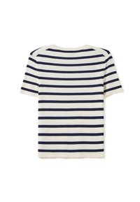 T-shirt a righe a maniche corte in crema con strisce orizzontali blu navy, caratterizzato da un collo rotondo e una consistenza morbida.