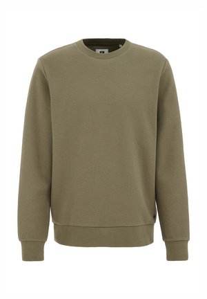Olive green sweatshirt with a textured finish, round neckline, and ribbed cuffs. Features a small logo detail at the hem.