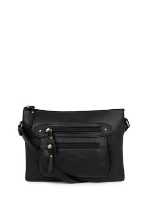 Schwarze Leder-Umhängetasche mit verstellbarem Riemen, zwei vorderen Reißverschlusstaschen und Reißverschlussgriffen sowie Akzenten in Goldoptik.