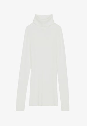White ribbed turtleneck sweater with long sleeves, soft texture, and a high roll collar, featuring a fitted design and no visible fastenings.