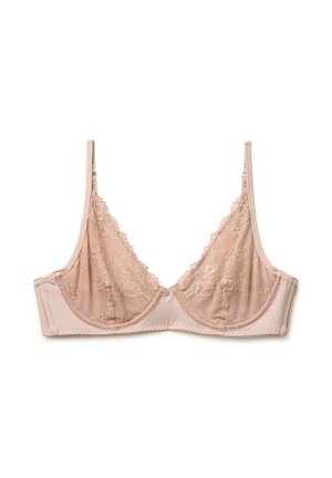 Soutien-gorge en dentelle nue avec armatures, bretelles fines réglables et détails en dentelle festonnée sur les bonnets en mesh.