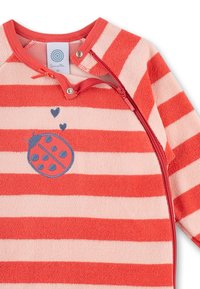 Red and pink striped baby onesie with a blue and red ladybug design and side zipper with snap button at the neckline.