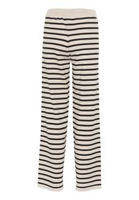 Pantalons de lounge rayés en tissu doux, avec une large ceinture élastique et des rayures horizontales alternant entre noir et beige.