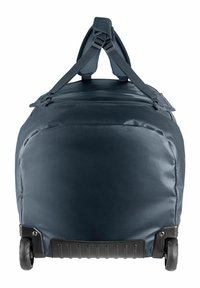 Borsa da viaggio a rotoli in tessuto blu scuro, dotata di ruote resistenti, base robusta e manici rinforzati per un trasporto facile.