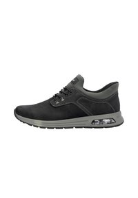 Chaussure de sport noire avec une surface texturée, un design à lacets, des accents gris, un col rembourré et un coussin d'air visible dans la semelle.