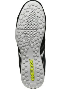 Schwarze Geox-Sohle mit weißem Gummi, ausgestattet mit runden Griffen und einem lebhaften gelben Logo. Größe 42 an der Seite markiert.