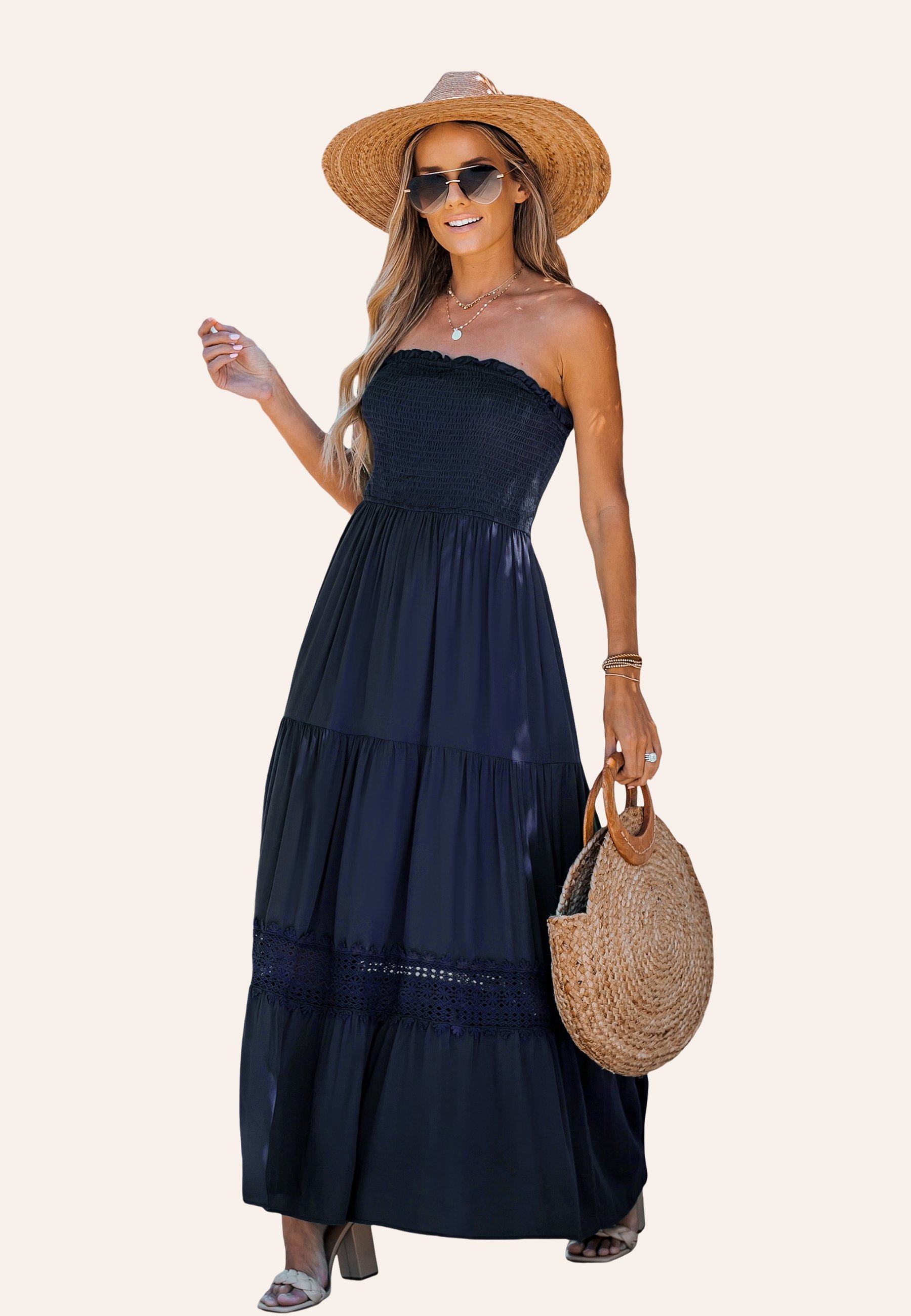 Cupshe SMOCKED TUBE Vestido largo dark blue/azul marino
