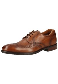 Braune Leder-Dressschuhe mit Broguemuster, das sich durch aufwendige Perforationen, eine spitze Zehe und einen niedrigen gestapelten Absatz auszeichnet.