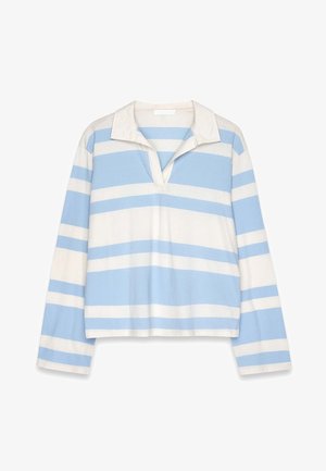 Long-sleeve polo shirt in light blue and white stripes, with a collar and a partial buttoning placket. Made of soft cotton material.