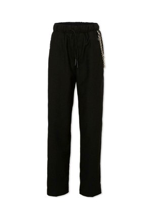 Pantaloni neri a gamba dritta con cintura elastica, coulisse e catena decorativa argentata sul lato destro.
