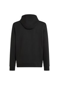 Schwarzer Kapuzenpullover aus weichem Stoff, mit langen Ärmeln, lockerer Passform und gerippten Bündchen. Keine sichtbaren Logos oder Muster.