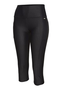 Black capri leggings with a textured pattern, mid-rise waistband, and side pockets. Made of stretch fabric for comfort and mobility.