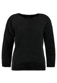Pull noir avec une texture pelucheuse, des manches longues et un large col rond. L'ourlet est légèrement surélevé sur les côtés.