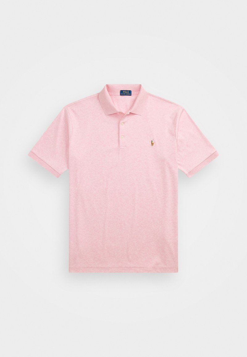 Ανοιχτό ροζ πόλο μπλούζα από μείγμα βαμβακιού, με κλασικό γιακά, τριπλό κουμπί και κεντημένο λογότυπο στο αριστερό στήθος.