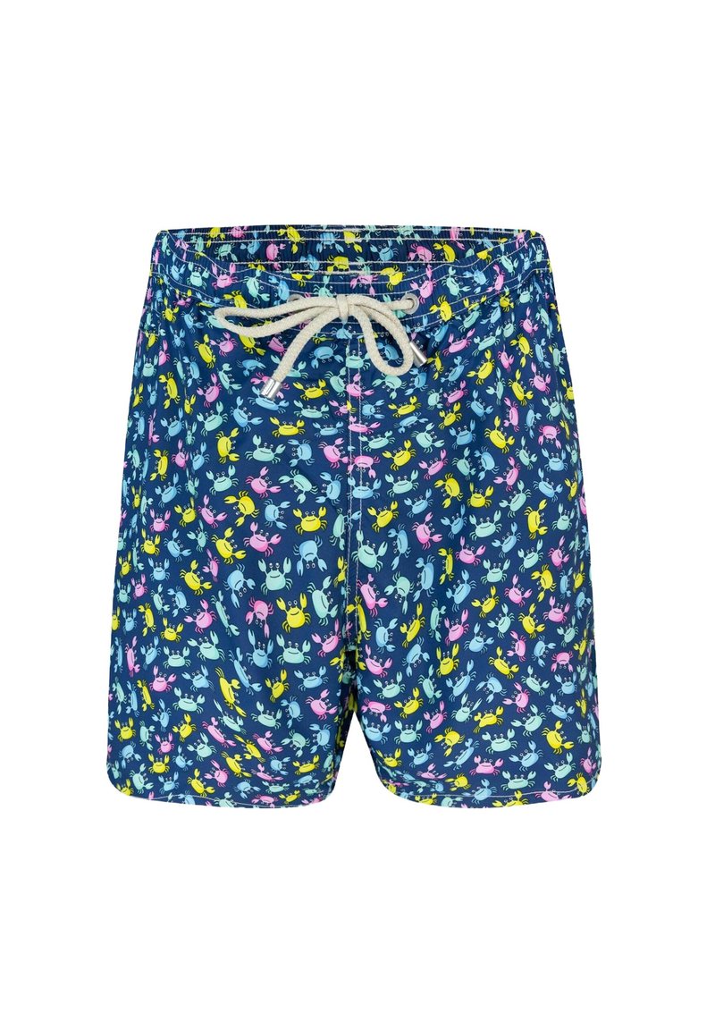 Pantaloni da bagno in tessuto blu navy con un motivo di granchi colorati in rosa, giallo e azzurro, dotati di vita elasticizzata e cordino.