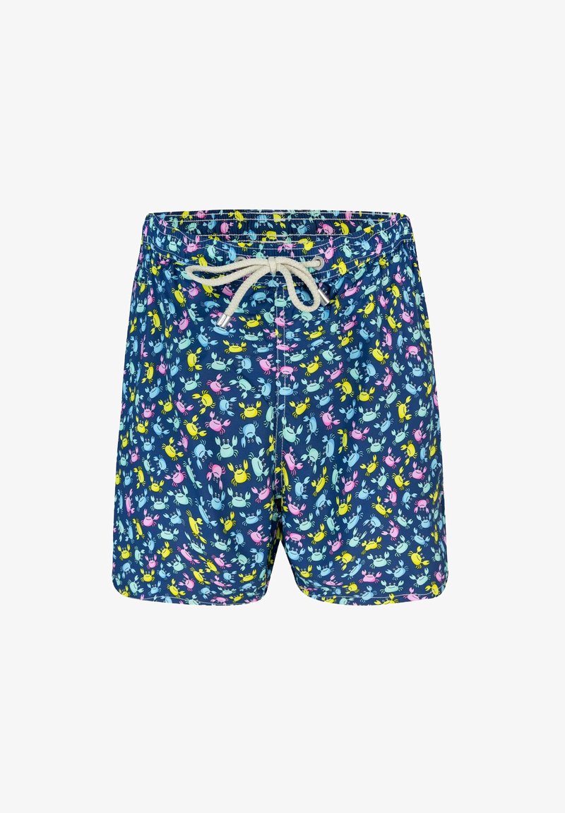 Shorts de bain en tissu bleu marine avec un motif de crabes colorés en rose, jaune et bleu clair, dotés d'une taille élastique et d'un cordon de serrage.