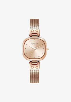 Reloj cuadrado de oro rosa con correa de malla metálica, que presenta un dial sencillo, marcadores de hora punteados y un acabado pulido.