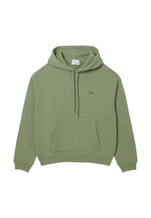 Felpa con cappuccio verde oliva, dotata di tasca frontale, polsini e orlo a coste, con un piccolo logo ricamato sul lato sinistro del petto.