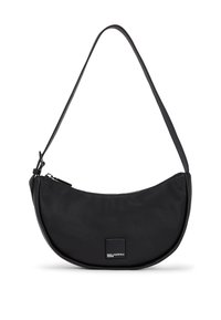 Borsa a spalla in pelle nera, dalla forma curva, con chiusura a zip e una superficie liscia. Presenta un accento logo quadrato sul fronte.