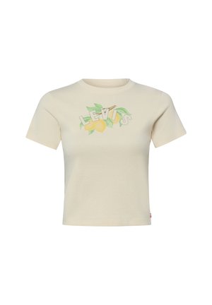 Crèmekleurig T-shirt met korte mouwen en een afbeelding van een citroentakje met groene bladeren, met de merknaam Levi's boven het fruit.