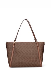 Bruin patroon draagtas met twee schouderbanden. Heeft een geweven structuur, gouden hardware-accenten en een gestructureerde rechthoekige vorm.