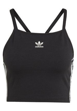 Svart croptop med tunna axelband, tillverkad av stretchigt tyg. Har vitt Adidas-logotyp och sidstripe för design detaljer.