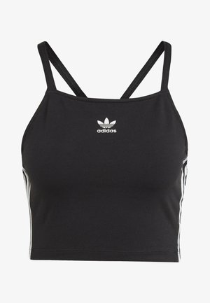 Svart croptop med tunna axelband, tillverkad av stretchigt tyg. Har vitt Adidas-logotyp och sidstripe för design detaljer.
