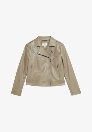 Beige bikerjack van imitatieleer met een kraag met inkepingen, asymmetrische ritssluitingen en twee steekzakken aan de voorkant. Gladde textuur met een subtiele glans.