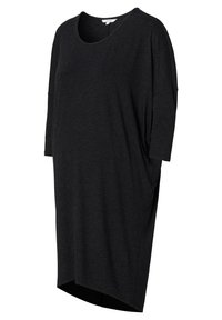 Vestido de maternidad negro y suelto fabricado en una tela suave, con escote redondeado y mangas cortas, y un dobladillo trasero más largo.