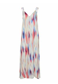 Ärmlös, flott klänning i lätt tyg med ett flerfärgat abstrakt mönster i rosa, blått och vitt, med tunna justerbara axelband.