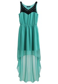 Tyrkysové šaty bez rukávů s černým krajkovým doplňkem na výstřihu, s elastickým pasem a designem s vysokým a nízkým lemem.