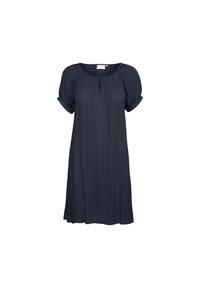 Robe bleu marine à manches courtes avec un col rond et un léger plissage. Confectionnée en tissu léger, avec une coupe ample en forme de ligne A.