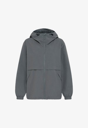 Gray hooded jacket with a front zipper, elastic cuffs, and a large front pocket. Made of lightweight fabric with a smooth texture.