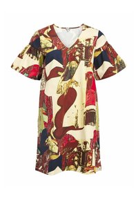 Robe colorée avec un décolleté en V et de courtes manches volantes. Présente un motif abstrait en rouge, vert et crème sur un tissu doux.