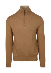Bruine zip-up trui gemaakt van zachte stof, met een hoge kraag, lange mouwen en een getailleerde taille. Opvallende stikdetails bij de hals.