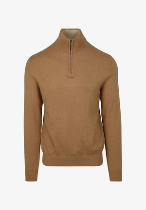 Bruine zip-up trui gemaakt van zachte stof, met een hoge kraag, lange mouwen en een getailleerde taille. Opvallende stikdetails bij de hals.