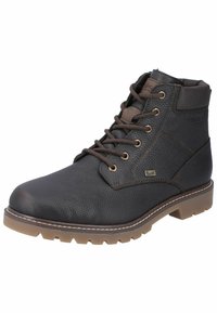 Botas de tobillo de cuero marrón oscuro con acabado texturizado, puntera redonda, cordones marrones, cuello acolchado y suela de goma con canales de tracción.