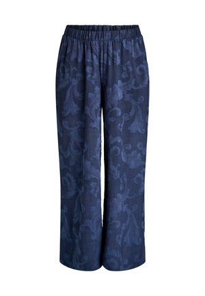 Pantalones anchos azul marino con cintura elástica y un sutil patrón jacquard floral elevado.