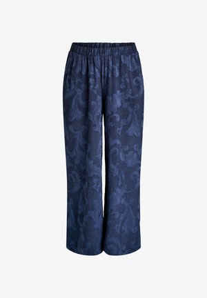 Pantaloni a gamba larga color blu navy con vita elastica e un delicato motivo jacquard floreale in rilievo.