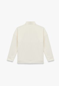 Kremowy polarowy sweter z wysokim kołnierzem, długimi rękawami i ściągaczami, z przeszytym poziomym szwem z tyłu.