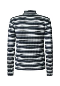 Långärmad skjorta i marinblå och vita ränder, med ribbad textur och hög krage. Mönstret består av växelvis tjocka och tunna ränder.