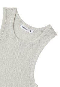 Jasnoszara, bezrękawnikowa, prążkowana bluzka wykonana z miękkiej bawełny. Posiada okrągły dekolt oraz metkę z napisem "Terranova" i rozmiarem "S."