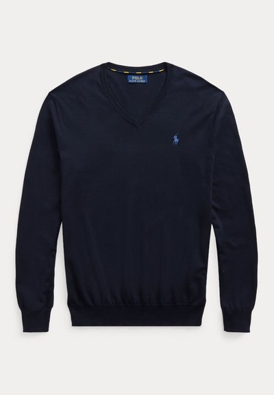 Maglione blu navy scuro a manica lunga con scollo a V e piccolo logo Polo Ralph Lauren ricamato azzurro chiaro sul petto sinistro.