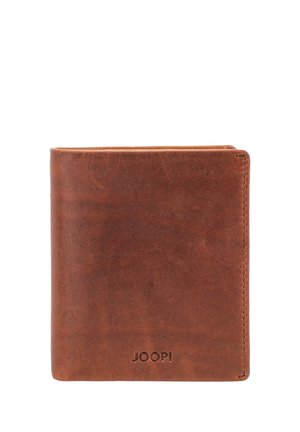 Brown leather bifold wallet with visible stitching and embossed "JOOP!" logo at bottom center.