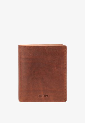 Braune Leder-Bifold-Geldbörse mit sichtbaren Nähten und geprägtem "JOOP!"-Logo in der unteren Mitte.