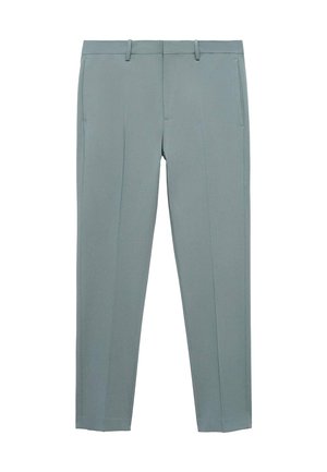 Helle graue maßgeschneiderte Hose mit glatter Textur, geradem Bein Design, vorderen Taschen und flachem Vorderteil. Keine sichtbaren Verzierungen.